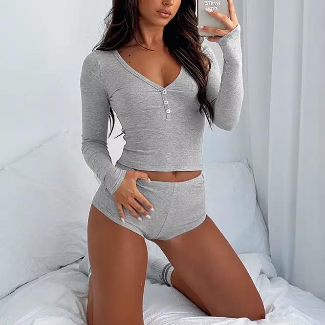 Ensemble pyjama 2 pièces pour femmes, manches longues, col en V, boutonné, hauts courts, Sexy, Y2k, 