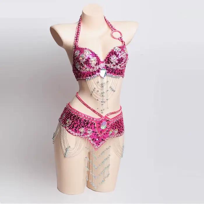 Costume de nuit Sexy pour filles, Costume de danse du ventre perlé fait à la main, soutien-gorge et 