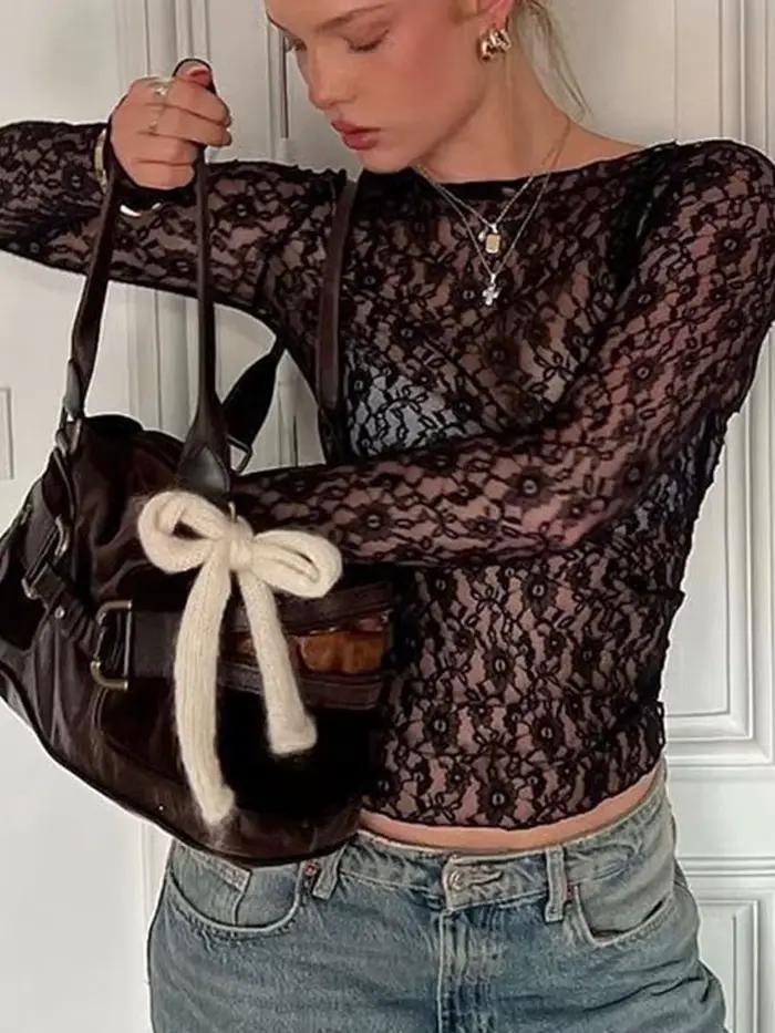 Haut court transparent en dentelle à manches longues, T-Shirt moulant, couleur unie, Sexy, pour femm