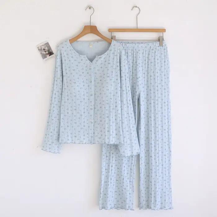 Ensemble de pyjama en coton tricoté jacquard à fleurs, style pastoral, de haute qualité, doux et con