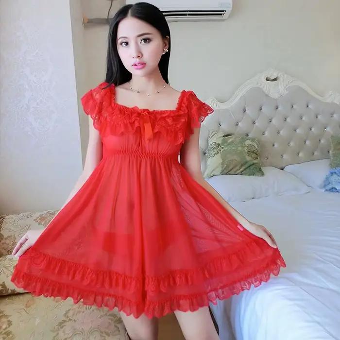 Ensemble de lingerie sexy en dentelle pour femmes, robe de nuit rouge avec culotte assortie, camisol