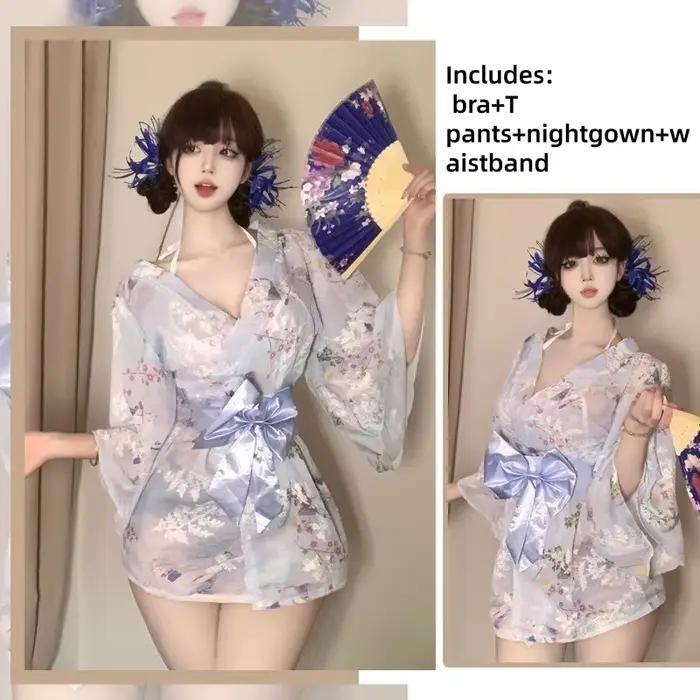 Nouvelle Robe de Nuit Kimono en Chiffon Imprimée et Brodé avec Nœud, Style Déesse de Tokyo, Sexy et 