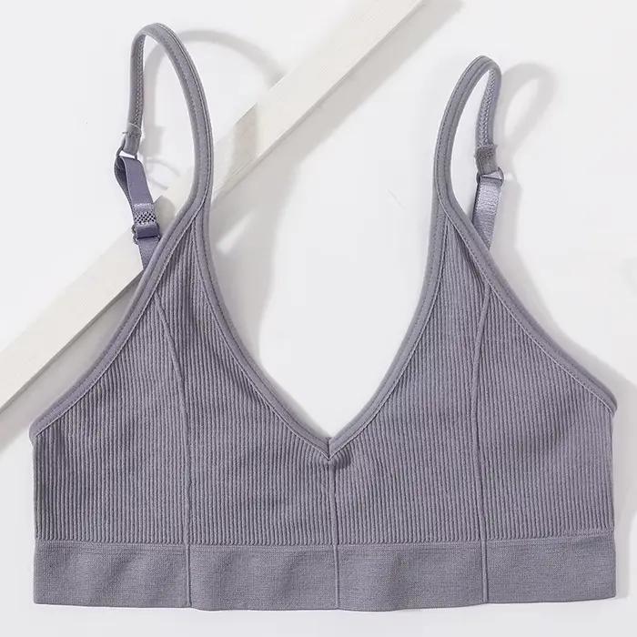 Soutien-gorge sans couture pour femme, style tube, côtelé, col en V, sans armatures, dos en U, linge