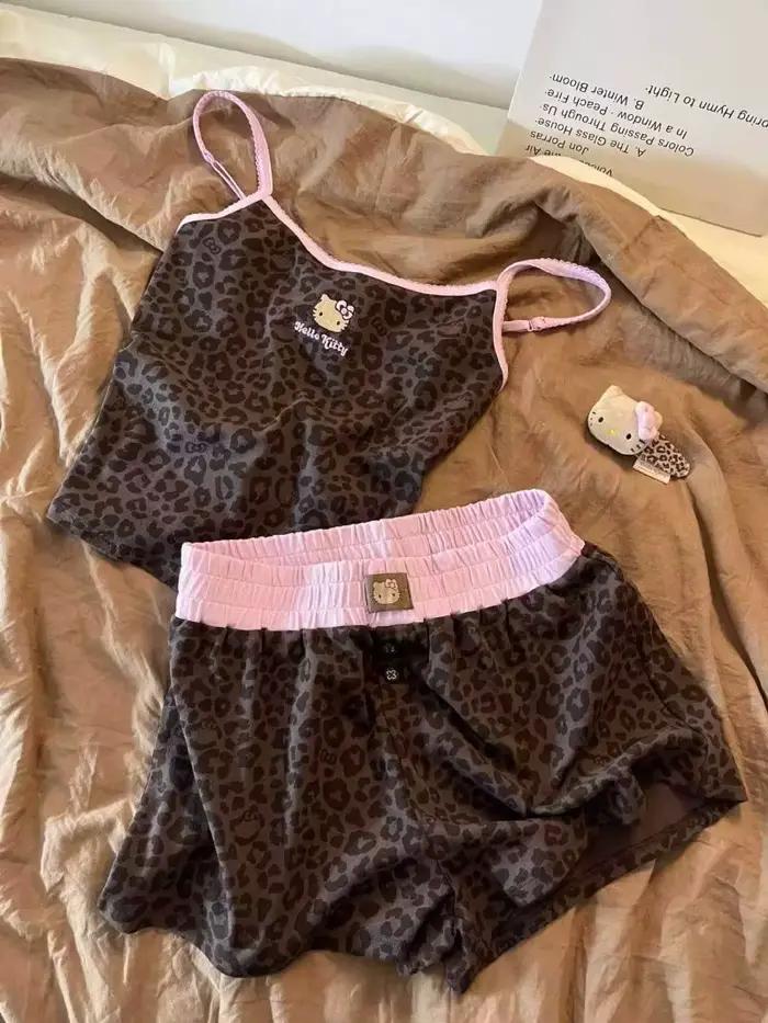 Ensemble pyjama Hello Kitty pour femme, imprimé léopard, camisole et short, été, mignon, doux, confo