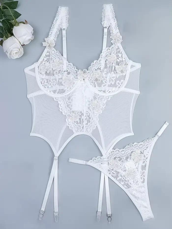 Belamimi – Lingerie florale brodée, ensemble haut et culotte sexy en dentelle transparente avec appl