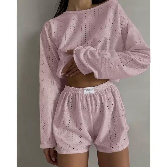 Ensemble pyjama Chic pour femmes, haut court ajouré à manches longues et short à fente haute, vêteme