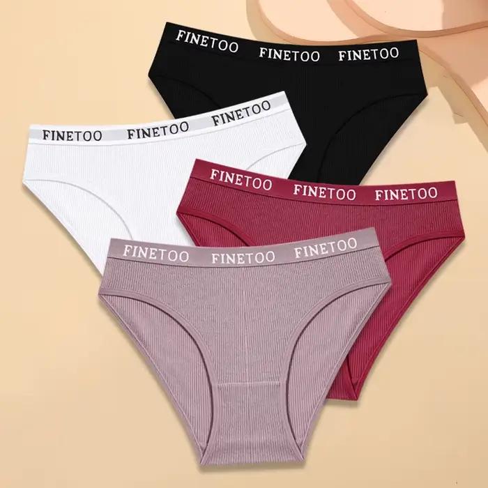 FINETOO 4 pièces coton rayé sous-vêtements femmes culottes lettre ceinture slips dames taille basse 