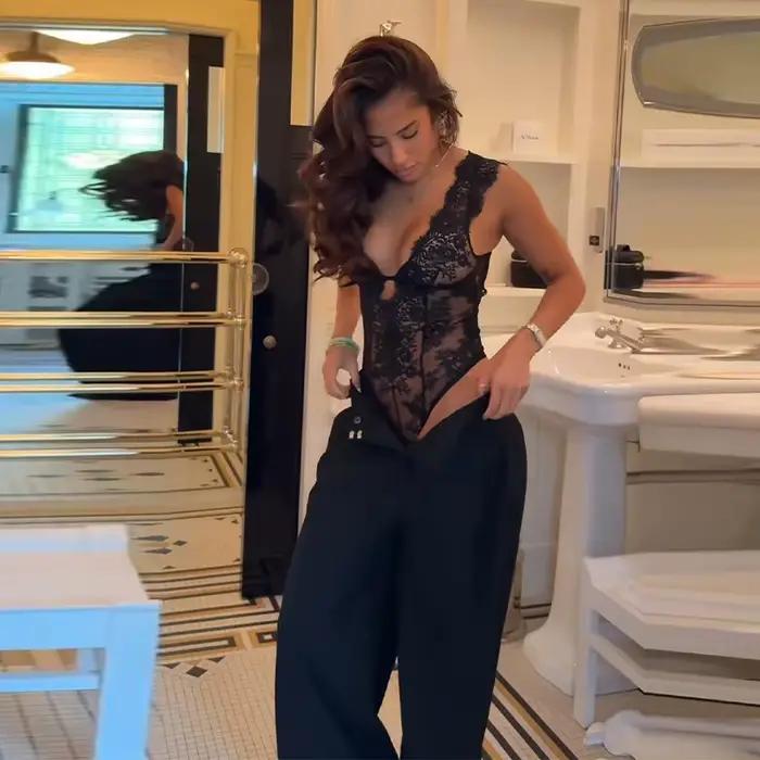 Body en dentelle pour femme, vêtements sexy, sans manches, col en V profond, maille transparente, él