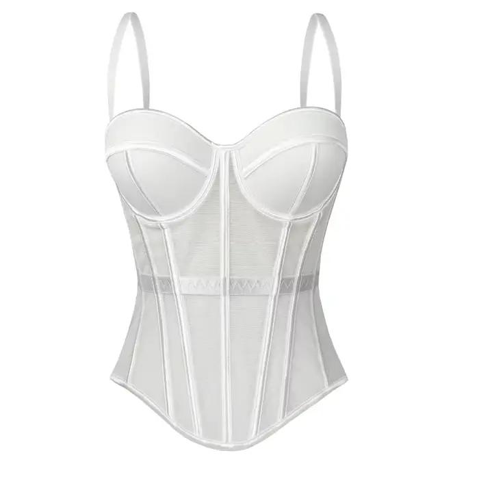 Haut corset élégant en maille respirante, sans manches, avec baleines, coupe ajustée, style crop top