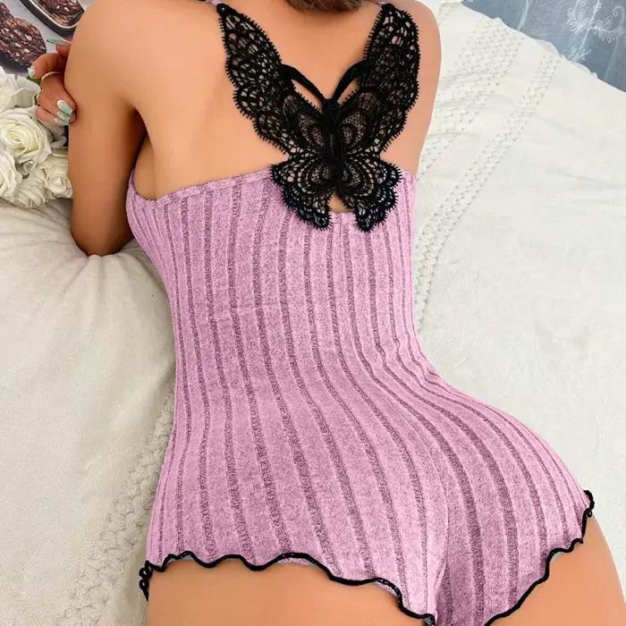 Pyjama d'été pour femmes, combinaison papillon, dos nu, vêtements de maison, dentelle, bretelles Pat