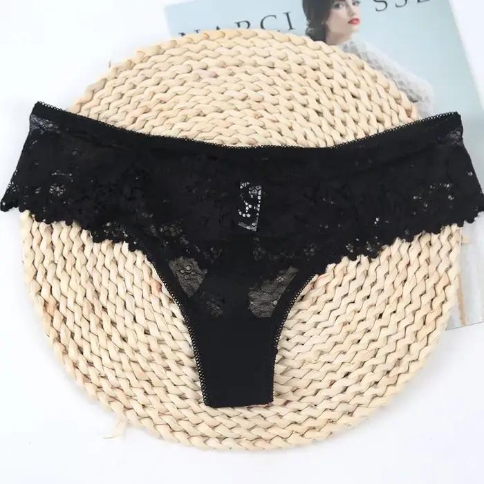 Slip noir Sexy en dentelle pour femmes, culotte ajourée en dentelle florale, taille basse, sous-vête