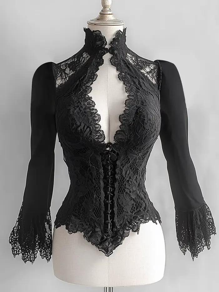 Corset en dentelle pour femmes, chemise haute Sexy, col en V profond, manches bouffantes, gothique, 