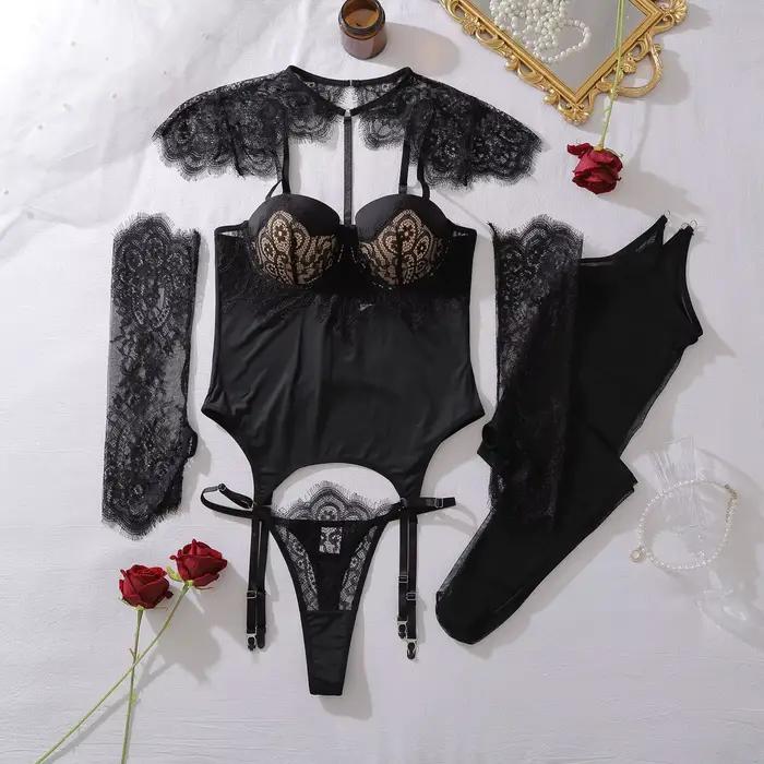 Ensemble de lingerie féminine Cougar, corset exotique et string 2 pièces avec gants et bas, tenue co