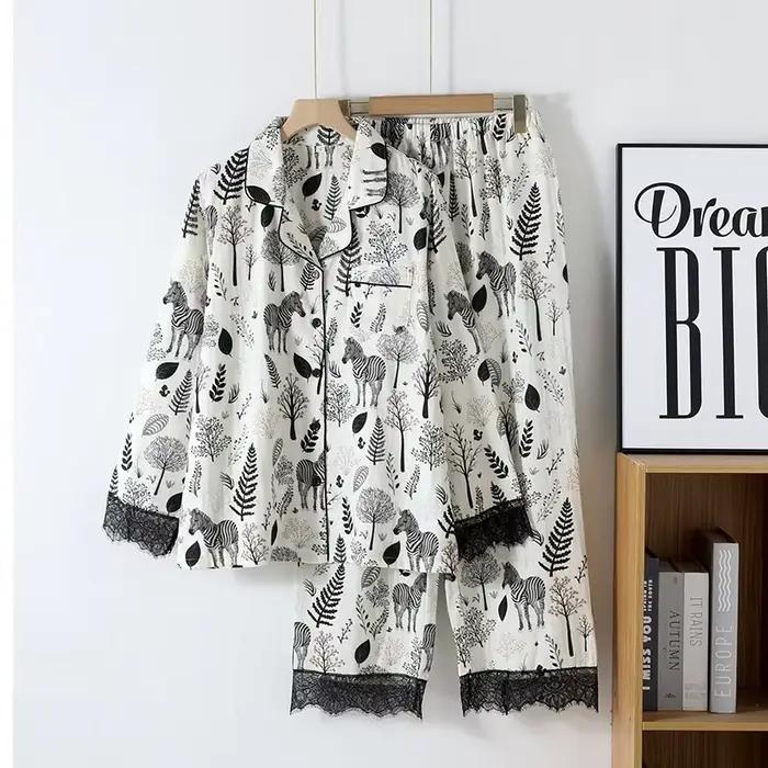 Pyjama imprimé zèbre pour femme, col rabattu, poignets en dentelle, manches longues, vêtements de dé