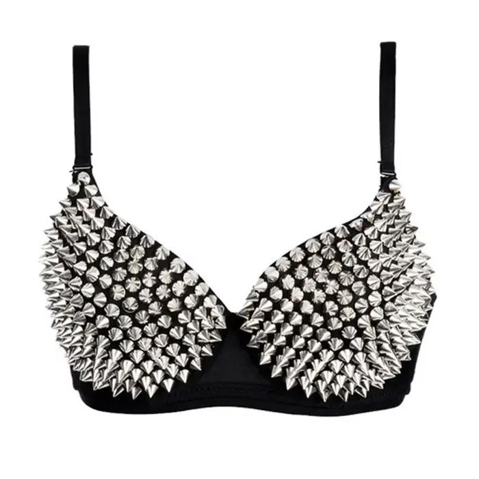 Rivets argentés Punk Rave Bralette Lingerie gothique soutien-gorge haut Sexy Push Up brassière disco