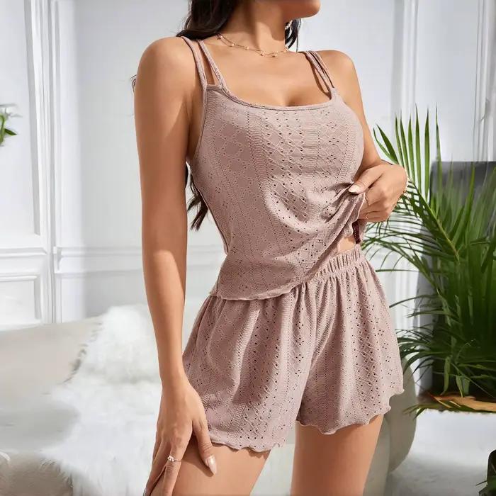 Ensemble pyjama Jacquard pour femmes, haut court et short sans manches, vêtements de nuit respirants