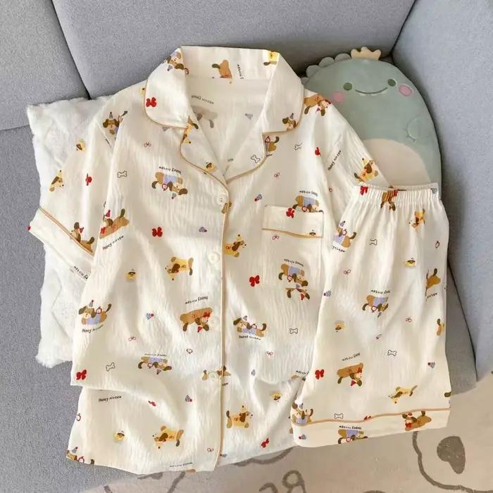 Pyjama d'été pour femme, style fin avec motif chiot, short à manches courtes, doux et mignon, peut ê