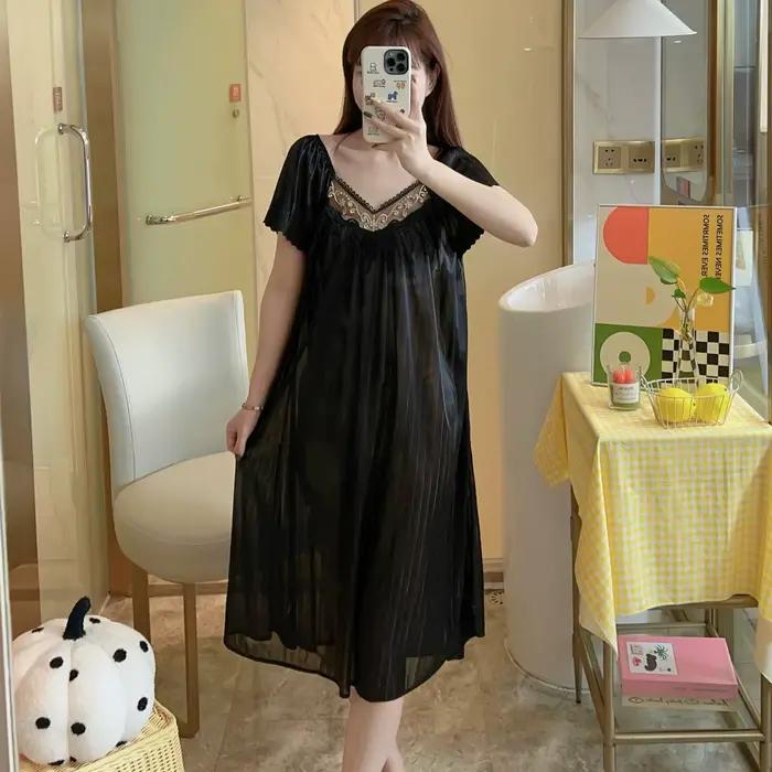 Chemises de nuit d'été en soie glacée pour femmes, robe de nuit, longueur moyenne, manches courtes, 