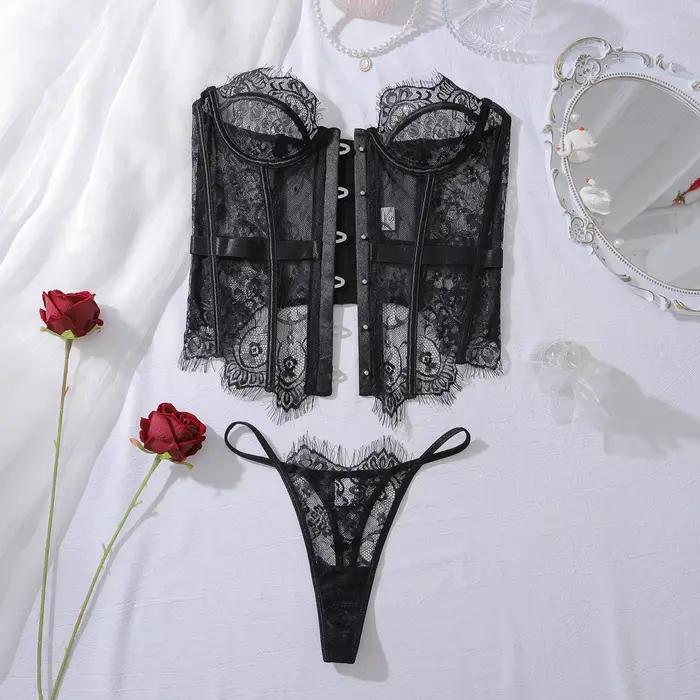 Lingerie Sexy pour femmes, Corset sensuel du palais Hilitos, ensemble de 2 pièces, dentelle transpar