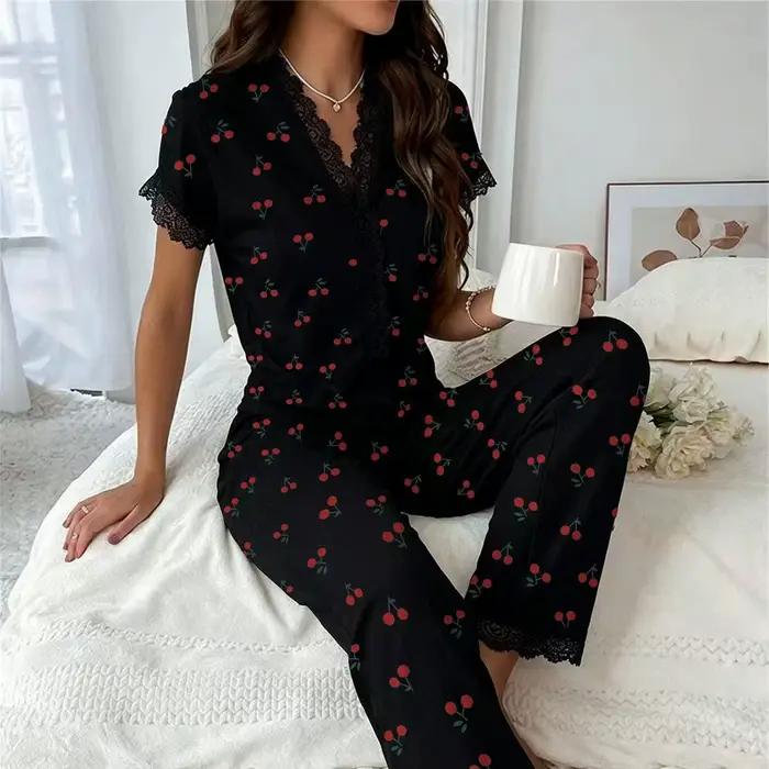Pyjama pour femmes, ensemble de pyjama sexy en dentelle à col en U, short de nuit, vêtements de nuit