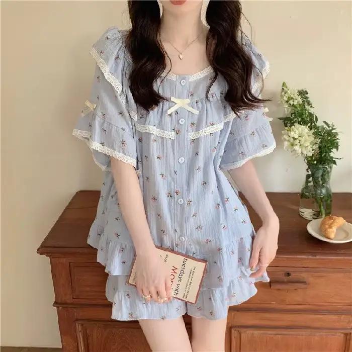 Pyjama d'été doux Style princesse pour femmes, ensemble de vêtements de maison en dentelle, petit Fl