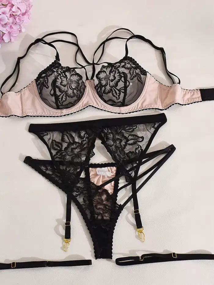 Fantaisie exotique Sexy dentelle pansement soutien-gorge et porte-jarretelles ensemble broderie Fine