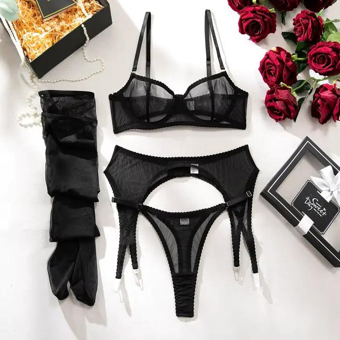 Ellolace Lingerie Solide Sexy et Audacieuse, Ensemble 3 Pièces avec Soutien-Gorge en Résille Transpa