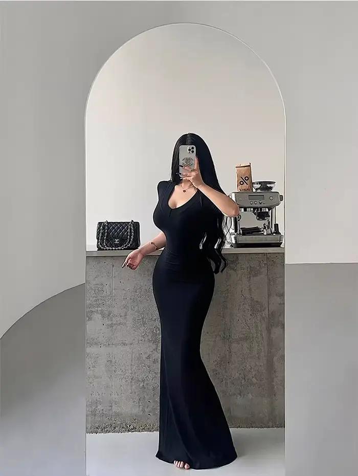 Kardashian Sexy manches courtes col en v minceur robe sirène longueur au sol portefeuille robe moula