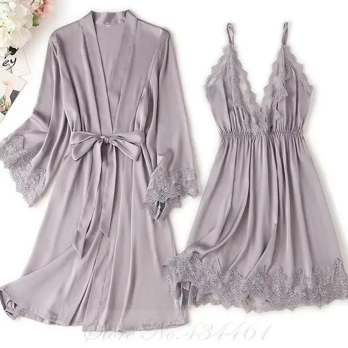 Ensemble de chemise de nuit kimono en dentelle bordeaux, chemise de nuit sexy, robe de peignoir, vêt