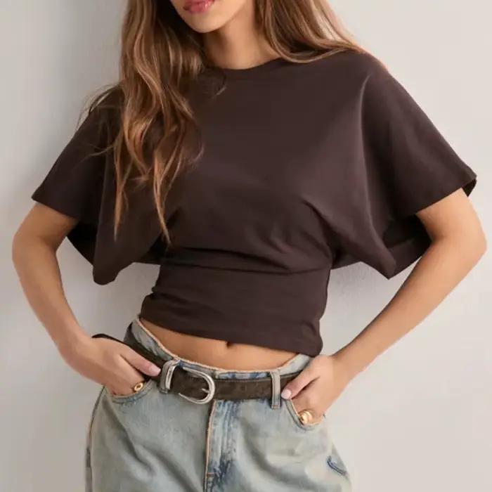 T-shirt court décontracté élastique, coupe ajustée, col rond, manches courtes, couleur unie, froncé,