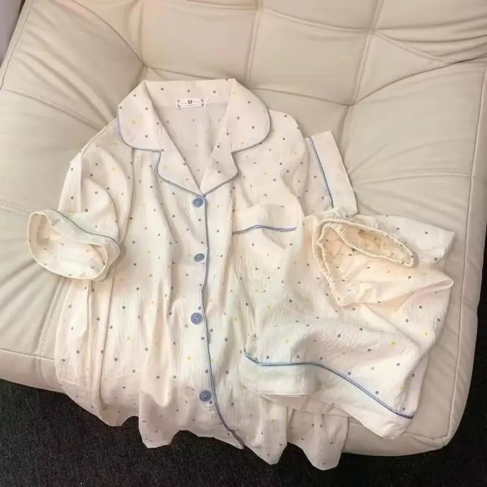 Ensemble pyjama en coton imprimé à pois pour femmes, haut à manches courtes et short, ensemble 2 piè