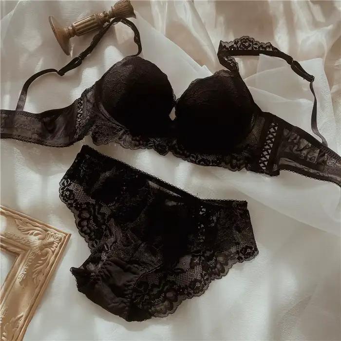 Soutien-gorge sexy en dentelle grande taille pour femme, lingerie avec caleçon, sous-vêtement froncé