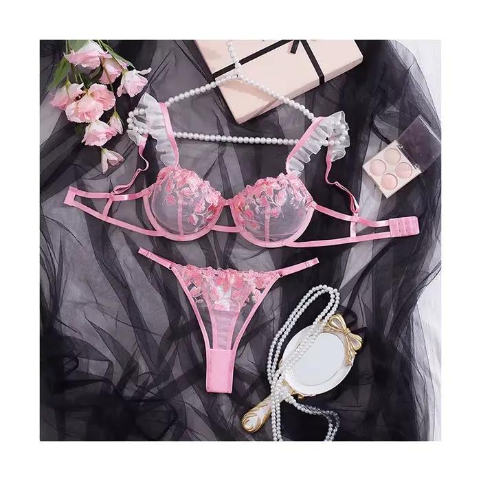 Ensemble de soutien-gorge en dentelle transparente brodée ultra-mince Ensemble de soutien-gorge à br