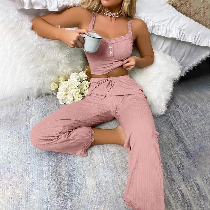 Femmes pyjamas décontractés Sexy sans manches dentelle garni solide à bretelles Camisole avec pantal