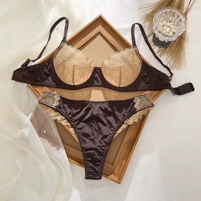 Ensemble de lingerie sexy en dentelle brodée pour femmes, soutien-gorge ultra fin respirant, décorat