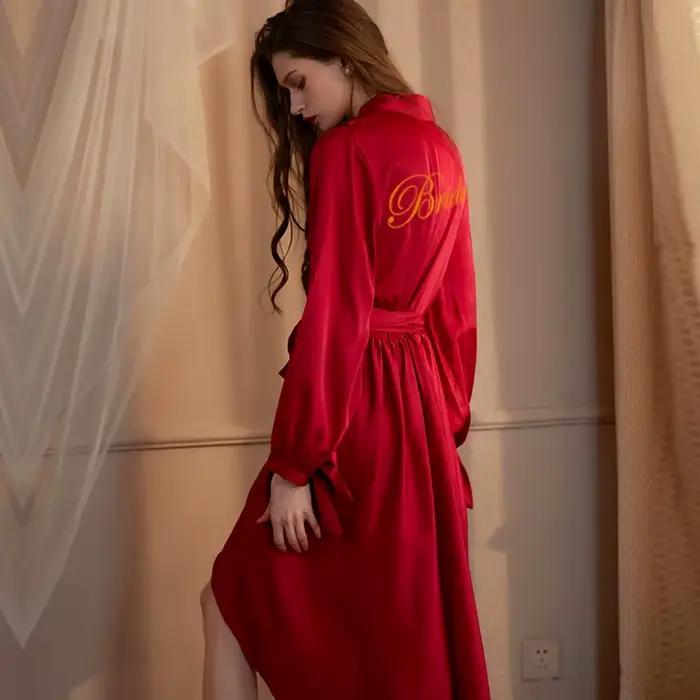 Dame à manches longues Robe chemise de nuit Sexy vêtements de détente mariée Kimono peignoir Robe co