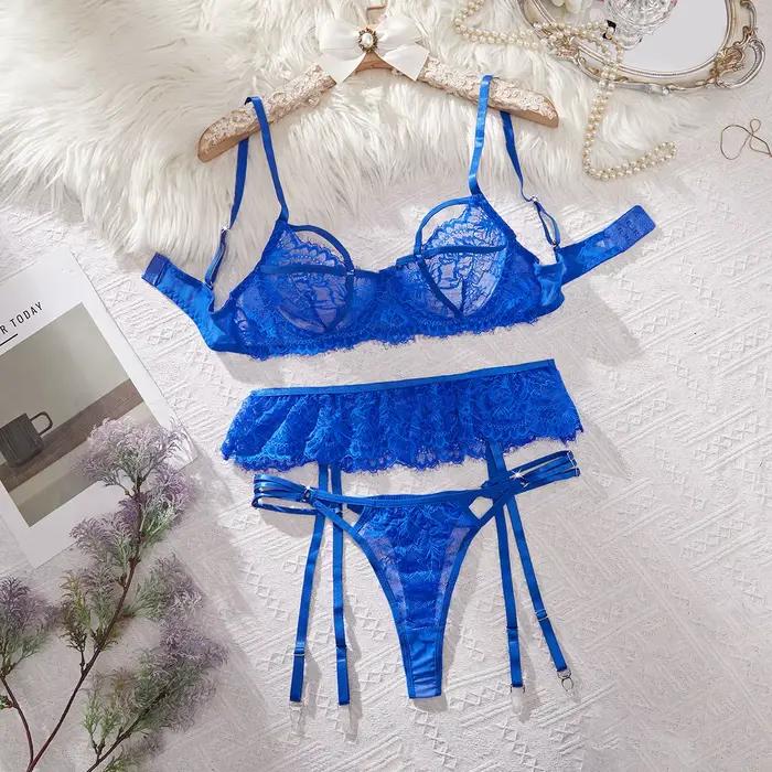Ellolace – Ensemble de lingerie élégant pour femme, soutien-gorge séduisant, ceinture et string, 3 p