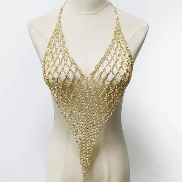 1 pièce Soutien-gorge sexy en maille orné de strass, Chaîne de corps de luxe pour la plage et le bar