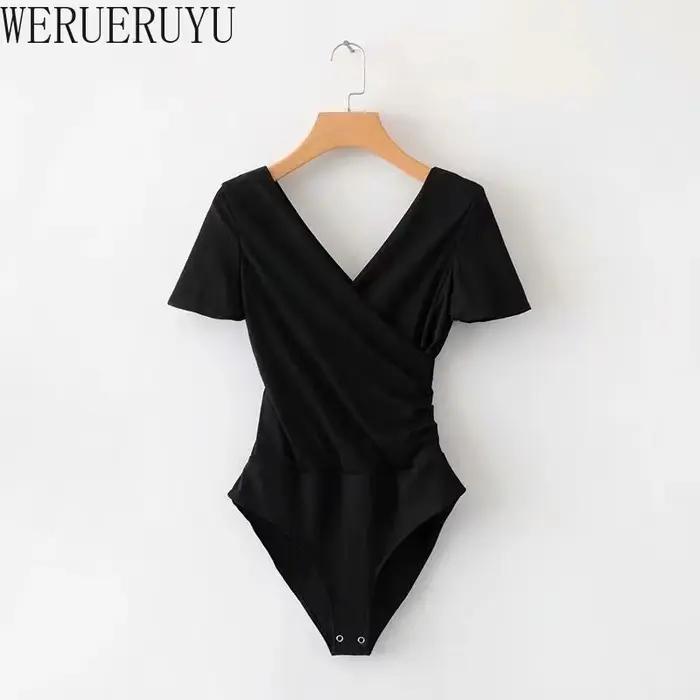 Body élégant et Sexy pour femmes, vêtements d'été, t-shirt à manches courtes et col en v, hauts blan