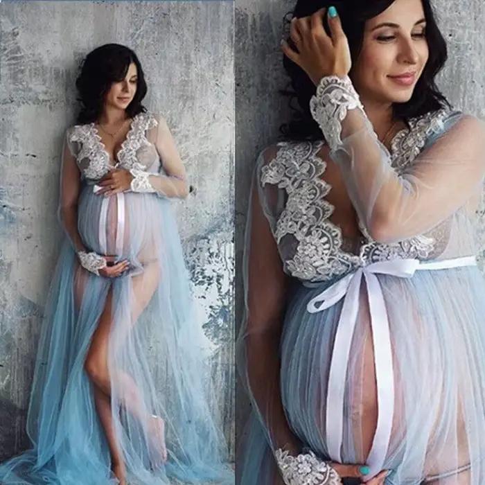 Robes en dentelle ajourées à col en V pour femmes enceintes, vêtements pour femmes enceintes, longue