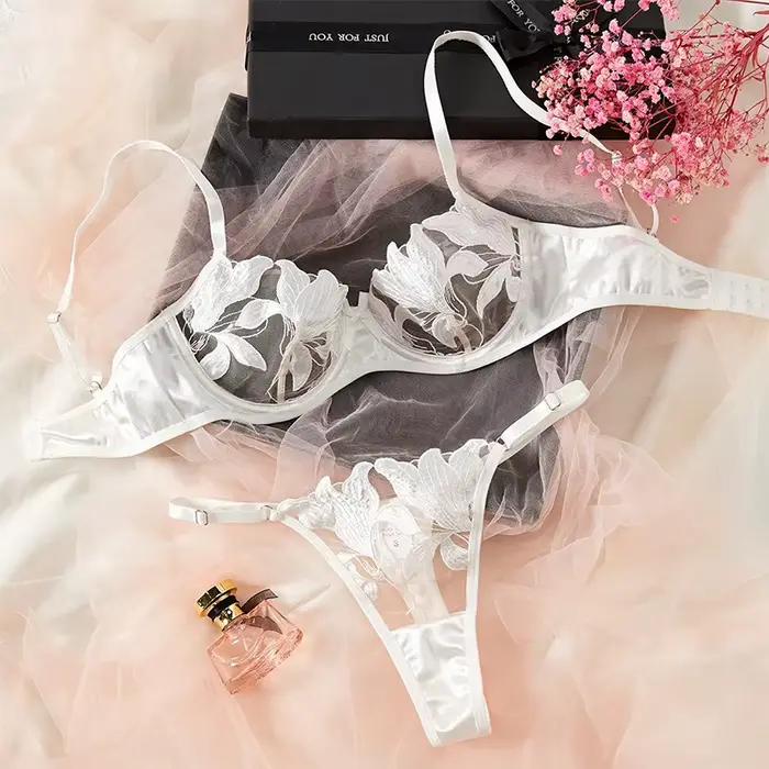 Toucheart-Ensemble de lingerie sexy en dentelle transparente pour femme, sous-vêtements brodés, kit 