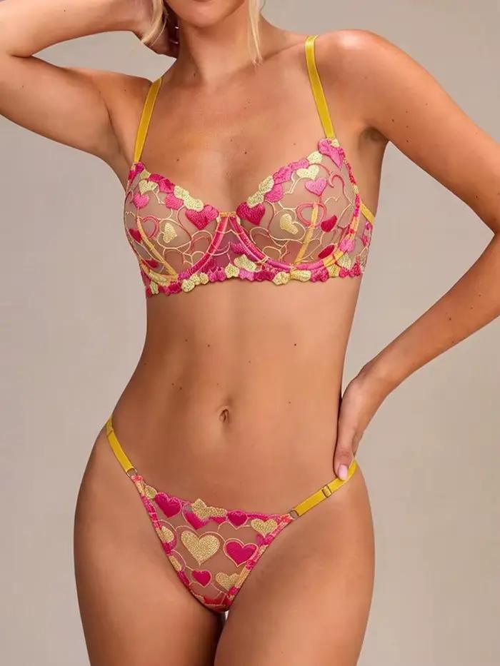Ensemble de lingerie Belamimi en tulle transparent, soutien-gorge brodé floral rose, ensemble sexy a
