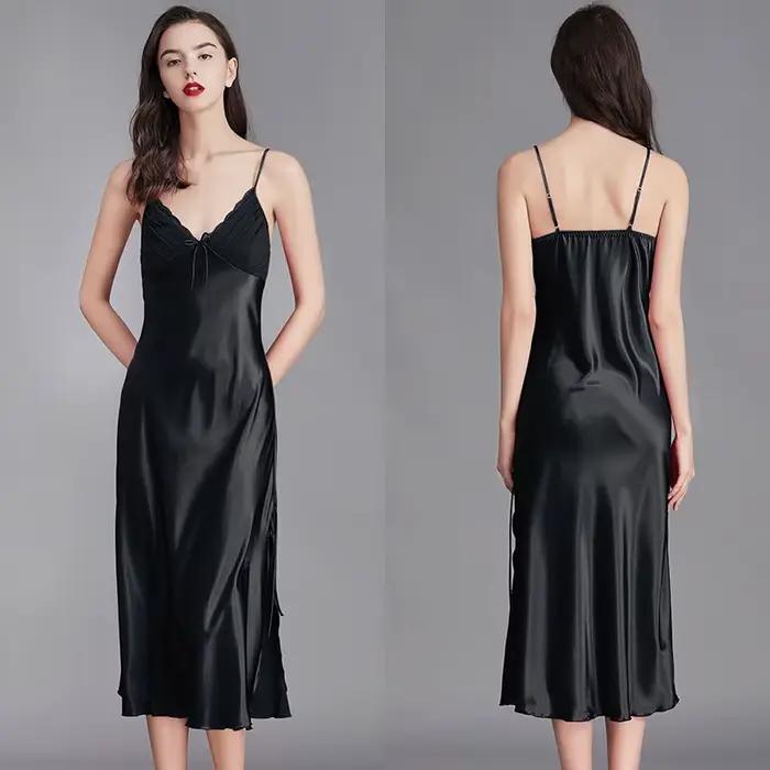 Chemises de nuit pour femmes longues sans manches robes de nuit Satin soie Chemise Lingerie robe Sli