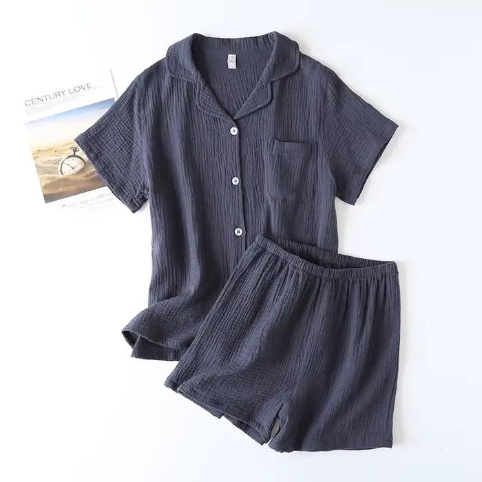 Ensemble pyjama en gaze de coton double couche pour femmes, tissu crêpe délavé, short à manches cour