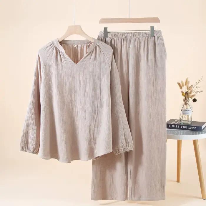 Pyjama en coton pour femmes, couleur unie, Style Simple, vêtements pour femmes, printemps et automne