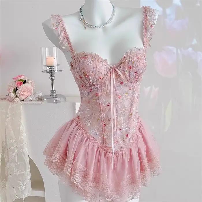 Sexy Patchwork dentelle imprimé chemise de nuit Lingerie intime vêtements de nuit pour enfants chemi
