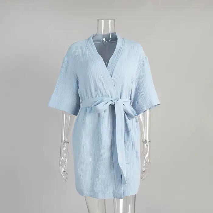 Chemise de nuit courte en coton pour femmes, pyjama à manches courtes, couleur unie, peignoir ample,