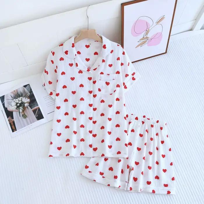 Pyjama doux pour femmes, ensemble de vêtements d'été en pur coton frais à manches courtes, mignon, p