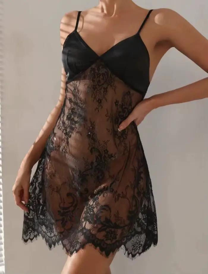 Ensemble chemise de nuit Sexy en dentelle transparente, avec bretelles amples, jupe Midi, respirant,