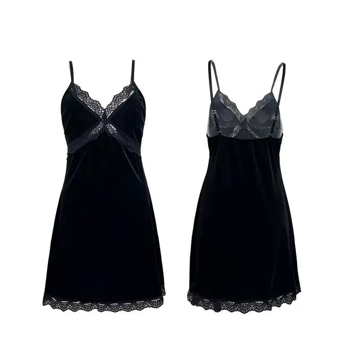 Chemise de nuit en velours pour femme, chemise de nuit sexy en V profond, patchwork de dentelle, jup